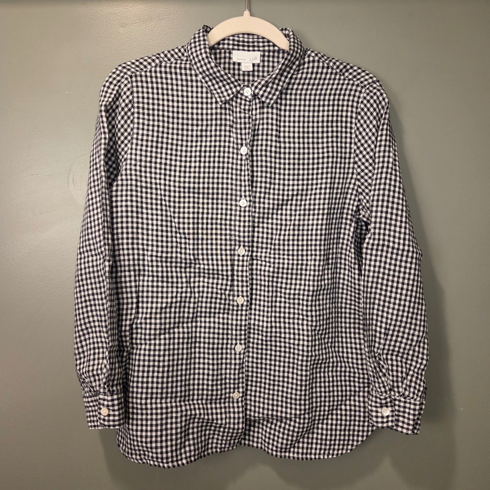 J. Jill Women's 100% Linen Gingham Long Sleeve Button Up Shirt Size S Petite
